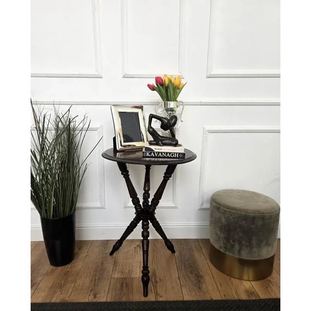 Antique Italian Round Walnut Tripod Side Table with Carved Bun Stretcher, 1890s For Sale - Image 4 of 10