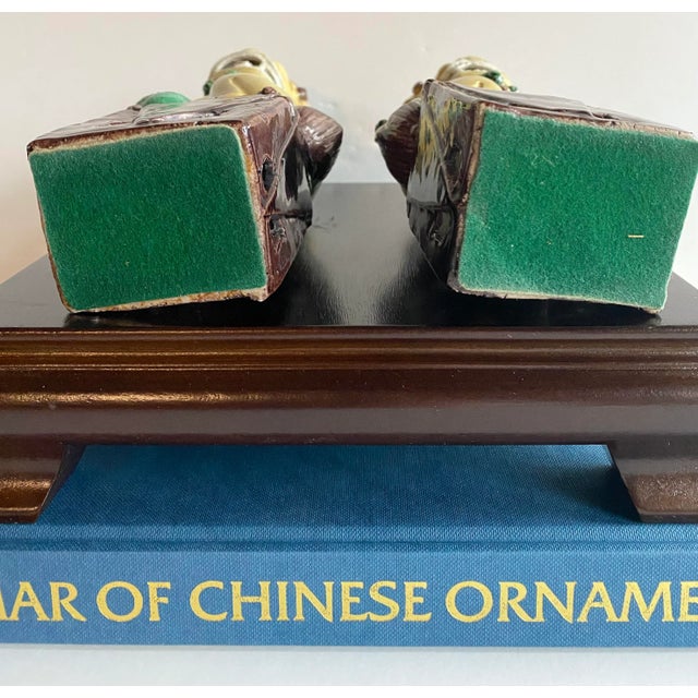 Antique Chinese Foo Dog / Guardian Lion Mustard and Green Figurines - a Pair For Sale - Image 11 of 12