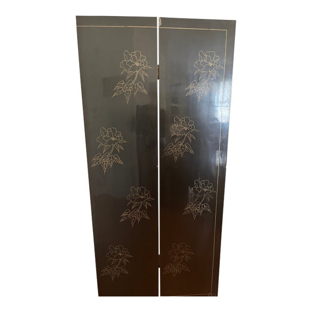 Authentic, hand-painted 4-panel, 6-ft Chinese lacquer divider with a mother of pearl inlay and decorated reverse side....