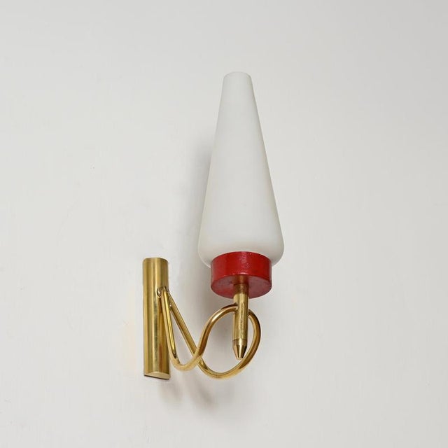 Sconces in Brass, Opal Glass and Red Metal attributed to Oscar Torlasco, Italy, 1950s, Set of 2 For Sale - Image 3 of 14