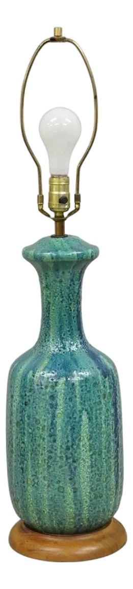 Vintage Mid Century Modern Turquoise Blue Ceramic Drip Glazed Pottery Table Lamp