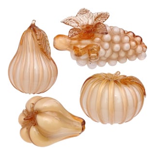 Vintage Murano Empoli Peach Color Italian Art Glass Pear Apple Grapes Pepper Fruit Sculptures - Set of 4 For Sale