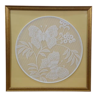 Mid 20th Century West German Kaiserslautern Embroidered Lace Floral Butterfly Needlework Art For Sale