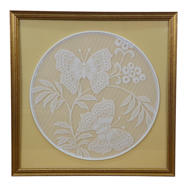 Mid 20th Century West German Kaiserslautern Embroidered Lace Floral Butterfly Needlework Art For Sale