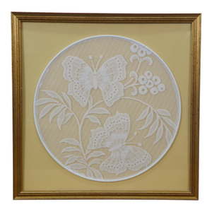 Mid 20th Century West German Kaiserslautern Embroidered Lace Floral Butterfly Needlework Art
