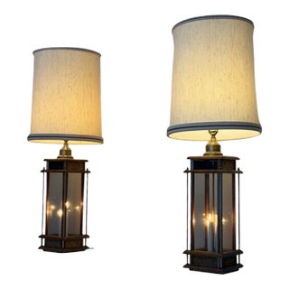 Vintage Mid Century Modern Brutalist Smoked Glass Cork Brass Wood Lamps 3 Way Lighting - a Pair For Sale