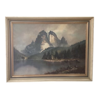 Vintage Original Oil Painting Landscape Scene Misty Rocky Mountains Signed by Artist Framed For Sale