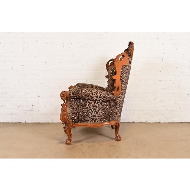 Italian Baroque Ornate Carved Walnut Throne Chair or Lounge Chair With Leopard Print Upholstery For Sale - Image 10 of 13