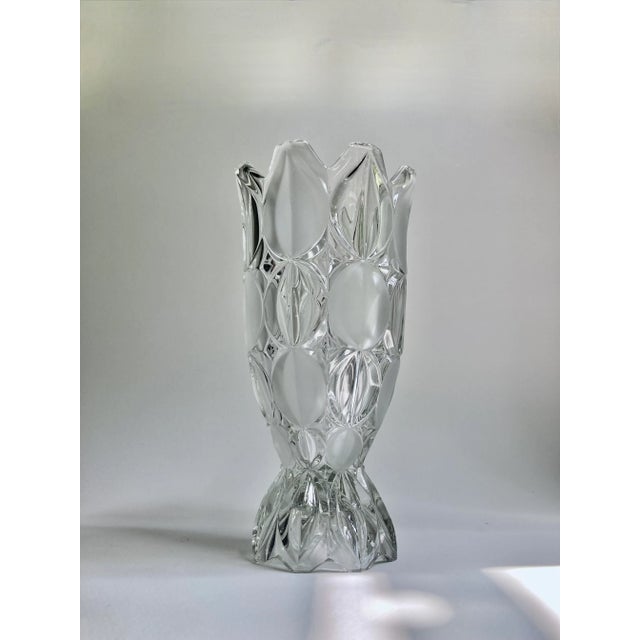 Late 20th Century Mikasa Crystal Clear and Frosted Footed Pressed Oval Dot Glass Vase. Featuring a tall footed with smooth...