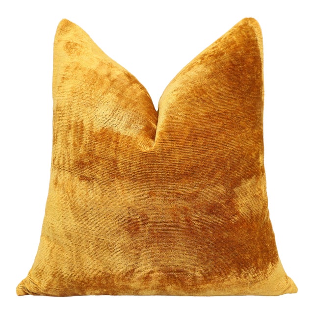 Golden Silk Velvet Throw Pillow 20x20 | Handmade Solid Color Luxury Accent Pillow For Sale