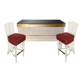 1970s Vintage Mirrored Top Lucite and Brass Bar and Stools - 3 Pieces For Sale