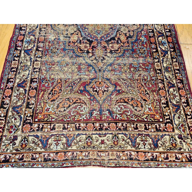19th Century Persian Kashan Rug, Hand-Knotted Wool, Medallion Floral Design, Red & Navy, 4x7 For Sale - Image 11 of 18