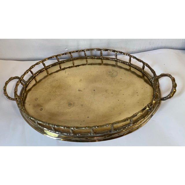 Vintage Oval Brass Faux Bamboo Tray For Sale - Image 4 of 6