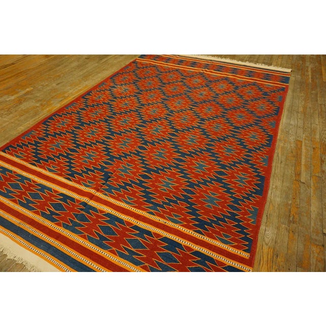 1930s Red Blue Diamond Tribal Antique Indian Cotton Dhurrie Carpet 6' X 9'7" Flatweave Cotton Rug For Sale - Image 10 of 13