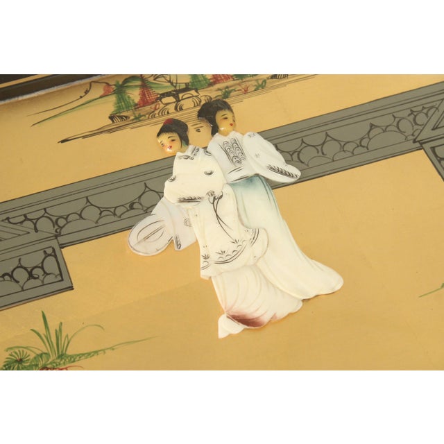 Black Chinoiserie Decorated Black and Gold Lacquer Glass Top Console Cabinet For Sale - Image 8 of 12