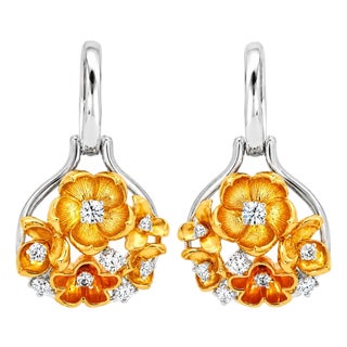 Late 20th Century 14K White Gold Diamond Sapphire Rose Flower Drop Earrings Estate, Pair For Sale
