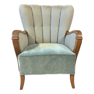 Teal Gingham Danish Art Deco Club Chair For Sale