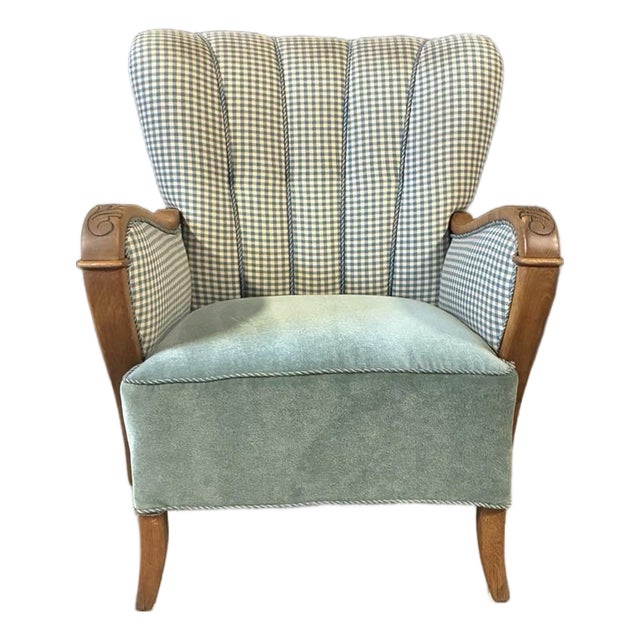 Teal Gingham Danish Art Deco Club Chair For Sale