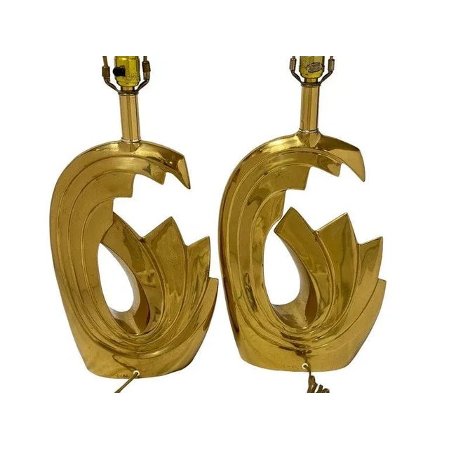 Brass Pair of Pierre Cardin Brass Tidal Wave Lamps For Sale - Image 8 of 12