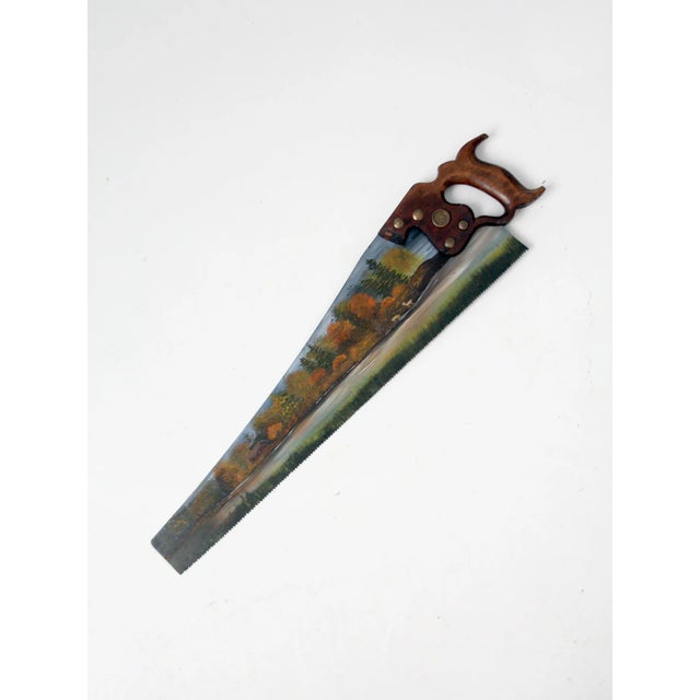 Cabin Vintage Folk Art Hand Painted Atkins Hand Saw For Sale - Image 3 of 5