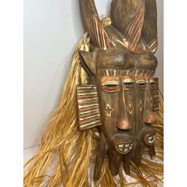 Sienna Late 19th Century West African Double-Faced Carved Wood Mask With Raffia and Cowrie Shells For Sale - Image 8 of 11