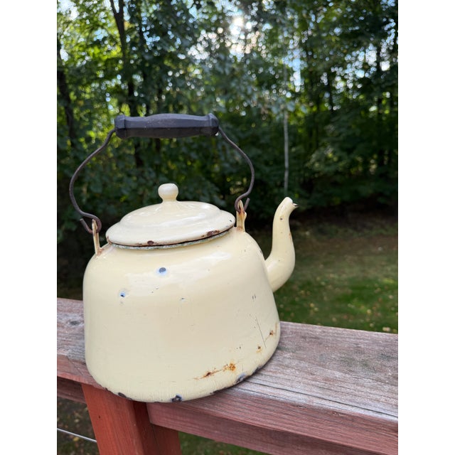 20th Century Rustic Enamel Yellow Tea Kettle Cottage Decor or Planter For Sale - Image 16 of 16