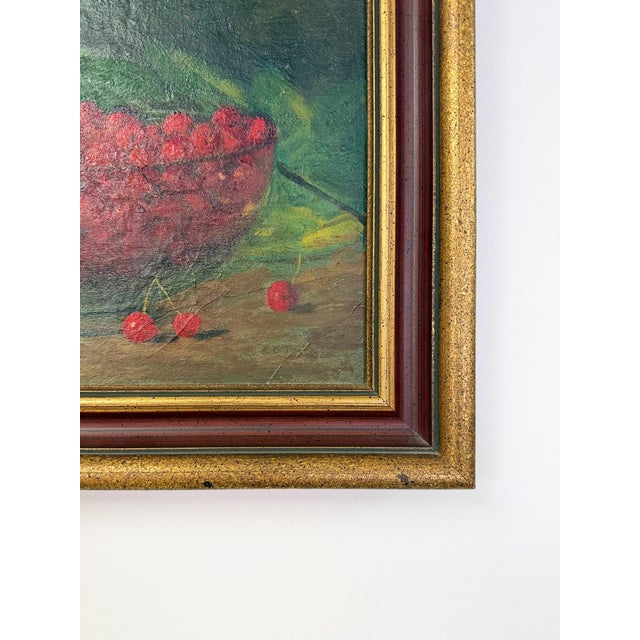 Mid 20th Century Oil Painting Still Life Bowl of Cherries, Gold Frame Art, Green Accents For Sale In Tampa - Image 6 of 8