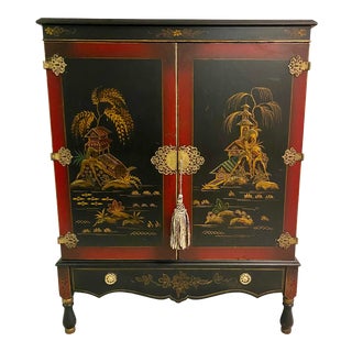 Vintage Chinoiserie Black Bar Cabinet For Sale