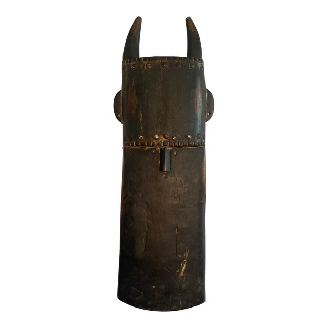 Mid Century West African Style Carved Horn Mask With Metal Overlay, Brutalist Plated Wood Mask For Sale