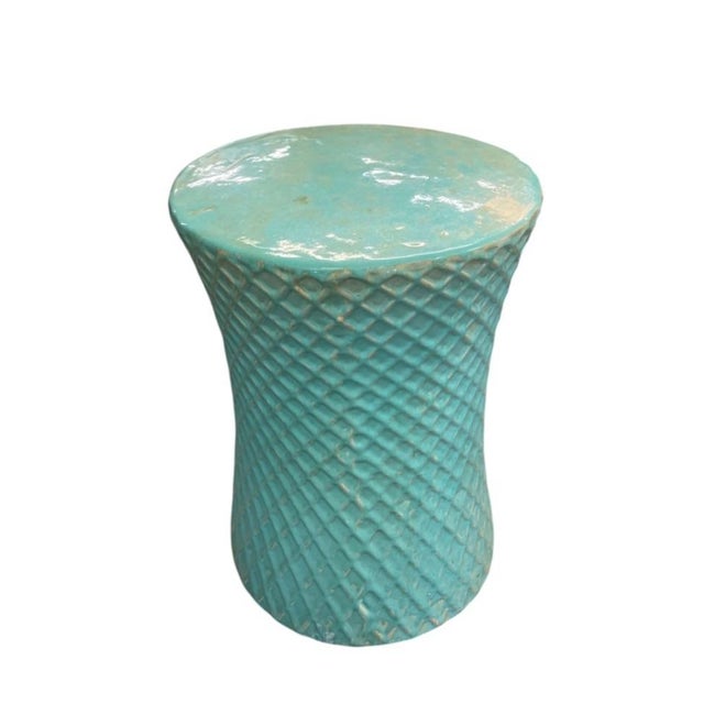2000 - 2009 Vintage Turquoise Glazed Ceramic Quilted Lattice Garden Stool & Accent Table For Sale - Image 5 of 12