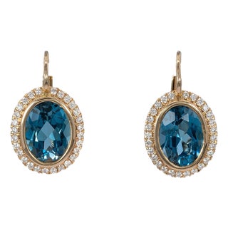 2.9Ct London Blue Topaz Stud Earrings With Earth-Mined Diamond Accents: 14k Gold, A Pair For Sale