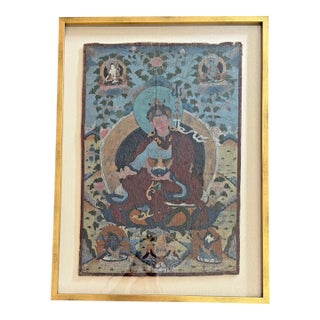 Late 19th Century Hand-Painted Tibetan Thangka-Style Devotional Painting on Linen Framed For Sale