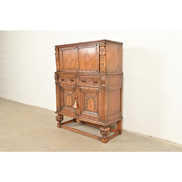 Victorian Antique English Jacobean Carved Oak Bar Cabinet, Circa 1920s For Sale - Image 3 of 18