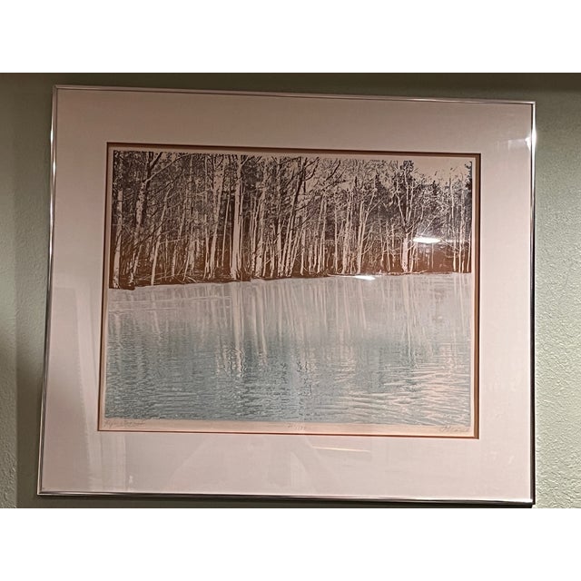 Wood Paula Crane Signed Lithograph Reflections I Forest Lake Vintage Framed Fine Art For Sale - Image 7 of 9