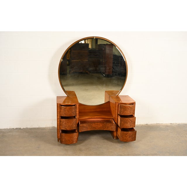 1930s Donald Deskey Style Art Deco Burl Wood Vanity Dresser With Mirror, Circa 1930s For Sale - Image 5 of 14