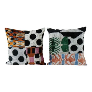 Ikat Velvet Patchwork Pillow - A Pair For Sale