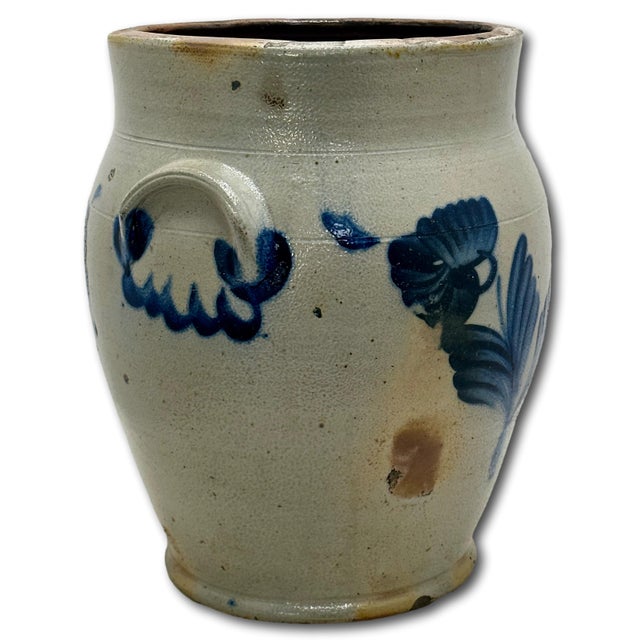 Ceramic Outstanding Large 3 Gallon Size Antique American Stoneware Jar With Extensive Blue Hand Decorated Features - Circa 1830s For Sale - Image 7 of 18