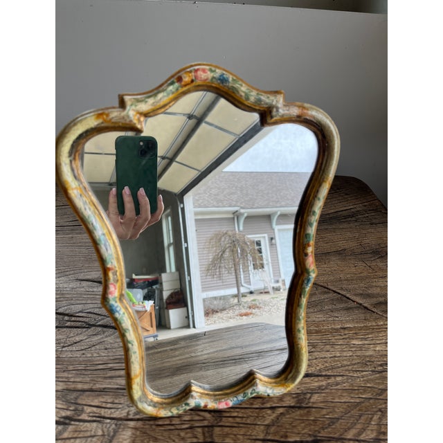 Chinoiserie Vintage 1950's Chinoiserie French Italian Gilded Hand Painted Dressing Mirror For Sale - Image 3 of 10
