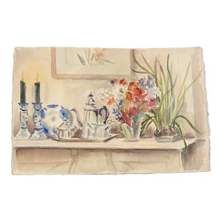 1980’s Original Impressionist Still Life Watercolor Painting Flowers & Pots For Sale