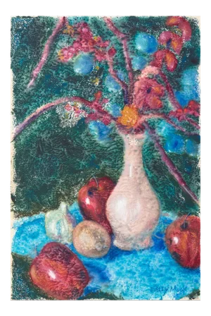 'Apples and Cherry Blossoms' by Sally Mack, Post-Impressionist Still Life, Woman Artist