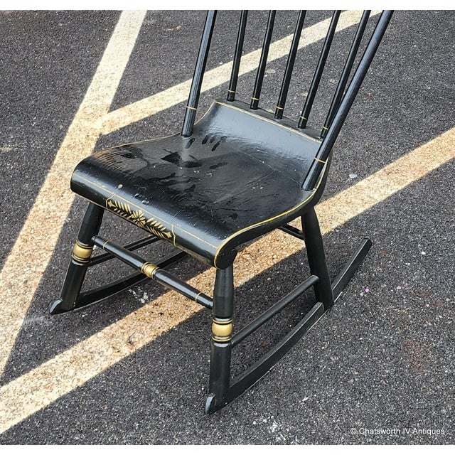 Wood Antique Painted Black Stenciled Country Rocking Chair 1890s ~ Repainted in 1967 For Sale - Image 7 of 11