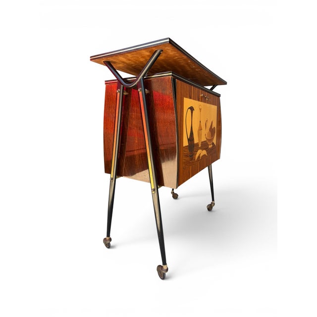 Mid 20th Century 1950s Italian Mid-Century Modern Inlaid Portable Bar Cabinet on Wheels For Sale - Image 5 of 8