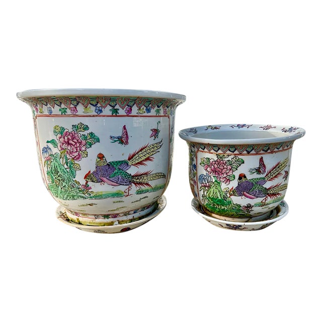 Vintage Chinese Famille Rose Porcelain Fishbowl Planters & Saucers - Pair For Sale