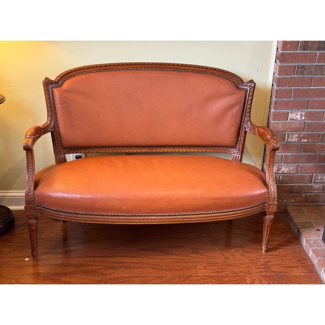 French 4-Piece French Louis XVI–Style Leather Seating Set — Settee & 3 Armchairs For Sale - Image 3 of 17