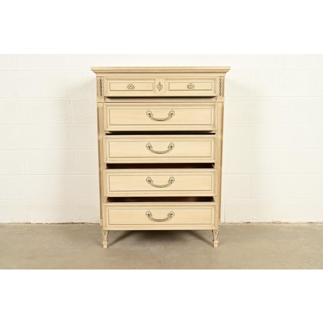 1960s John Widdicomb Style French Regency Louis XVI Cream Lacquered Highboy Dresser, Circa 1960s For Sale - Image 5 of 18