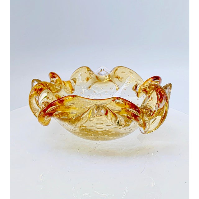 Vintage Murano Bullicante Control Bubble Amber Art Glass Ashtray