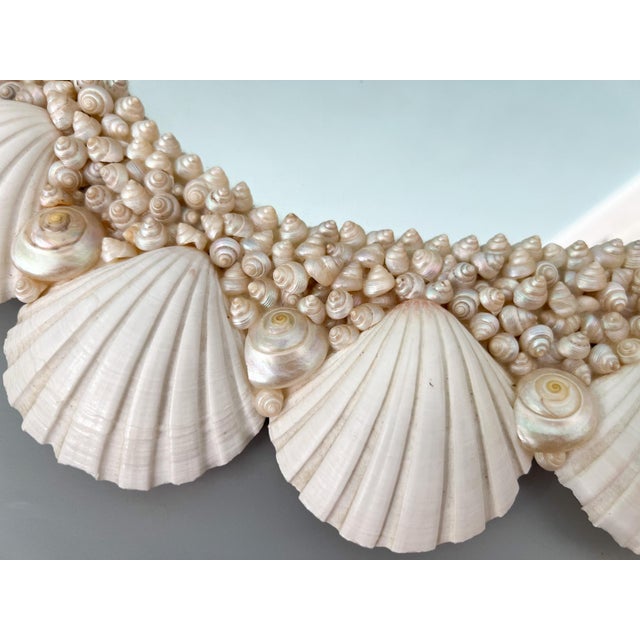 Glass Vintage Coastal Shell Encrusted Wall Mirror – Scallop & Opalescent Sea Shell Frame | Hollywood Regency Coastal Glam For Sale - Image 7 of 13