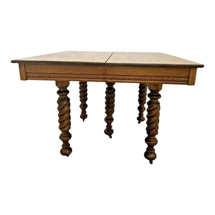 1910s Antique Square Kitchen Table Barley Twist Five Legs on Caster