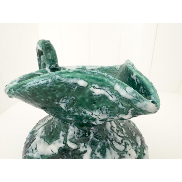 Vintage Sculptural Green Lava Glaze Ceramic Ewer With Scroll Handle For Sale - Image 10 of 18