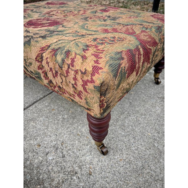 Khaki 1990s Hickory Chair Turned Leg Tapestry Ottoman on Brass Casters For Sale - Image 8 of 12